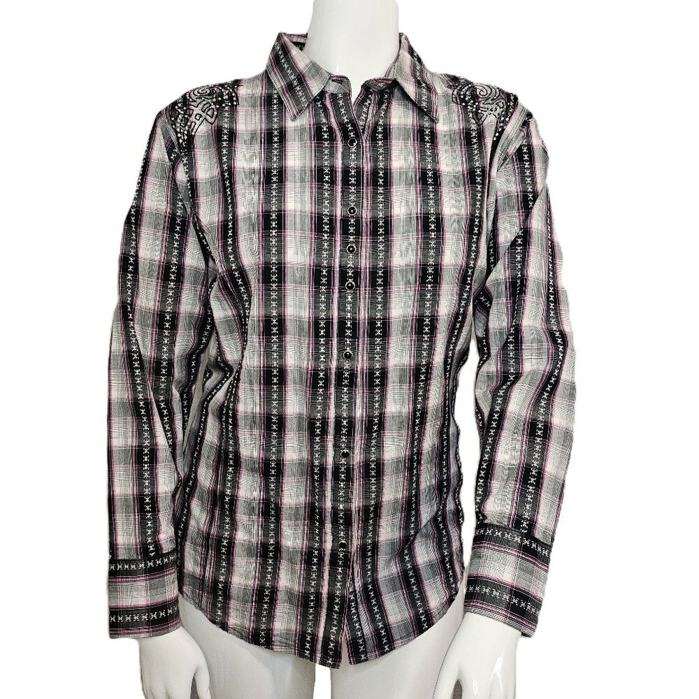ROCK 47 BY WRANGLER Pink/Black/Grey Plaid Embroidered Western Shirt Size XXL